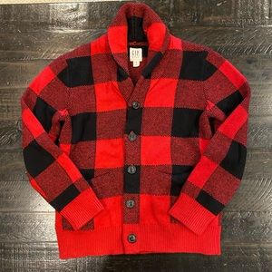 Gap boys red and black Buffalo check button cardigan sweater, 8